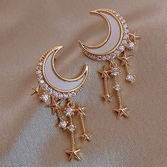 Restock- Rhinestone Moon and Star Decor Drop Earrings - Picture 1 of 3